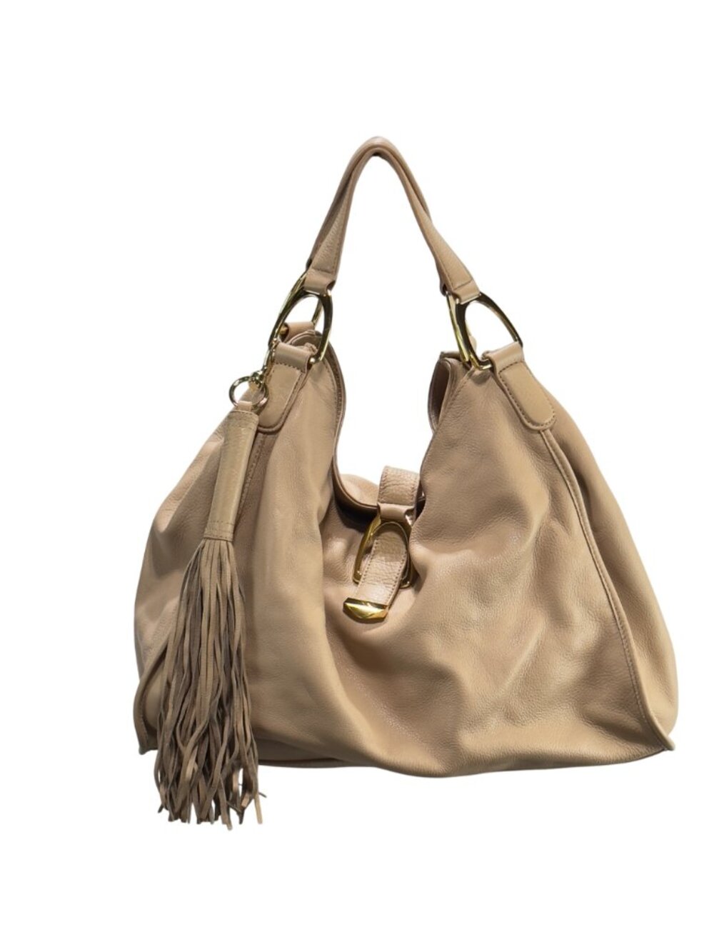 GILI Large Beige Leather Tote Bag With Gold Hardware & Fringe Tassel Accent - Picture 12 of 14